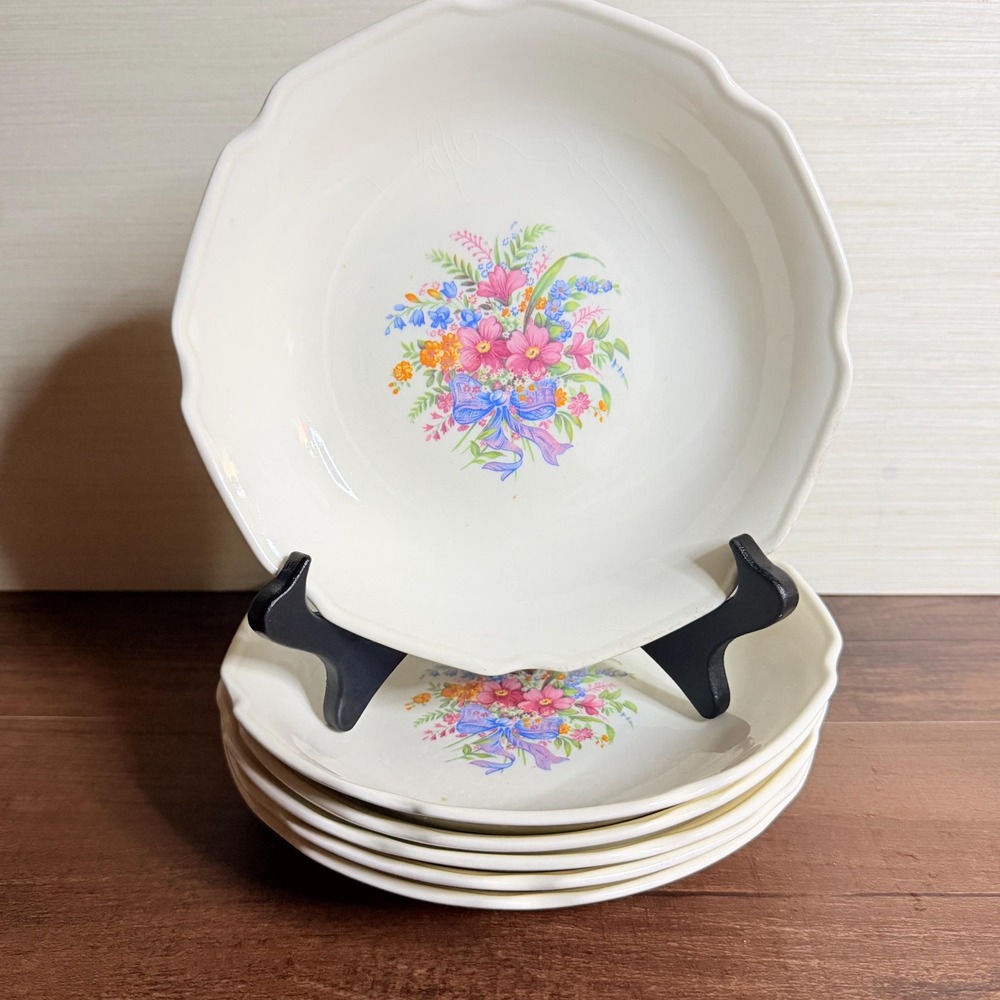 6 VTG 40s Petipoint Rimmed Soup Bowls 8" Homer Laughlin Rose Floral Cross Stitch